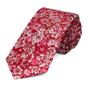 Burgundy floral tie, rolled to show texture and details