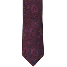 Load image into Gallery viewer, Front bottom view of a wine colored floral necktie