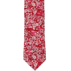 Front view of a burgundy floral silk tie