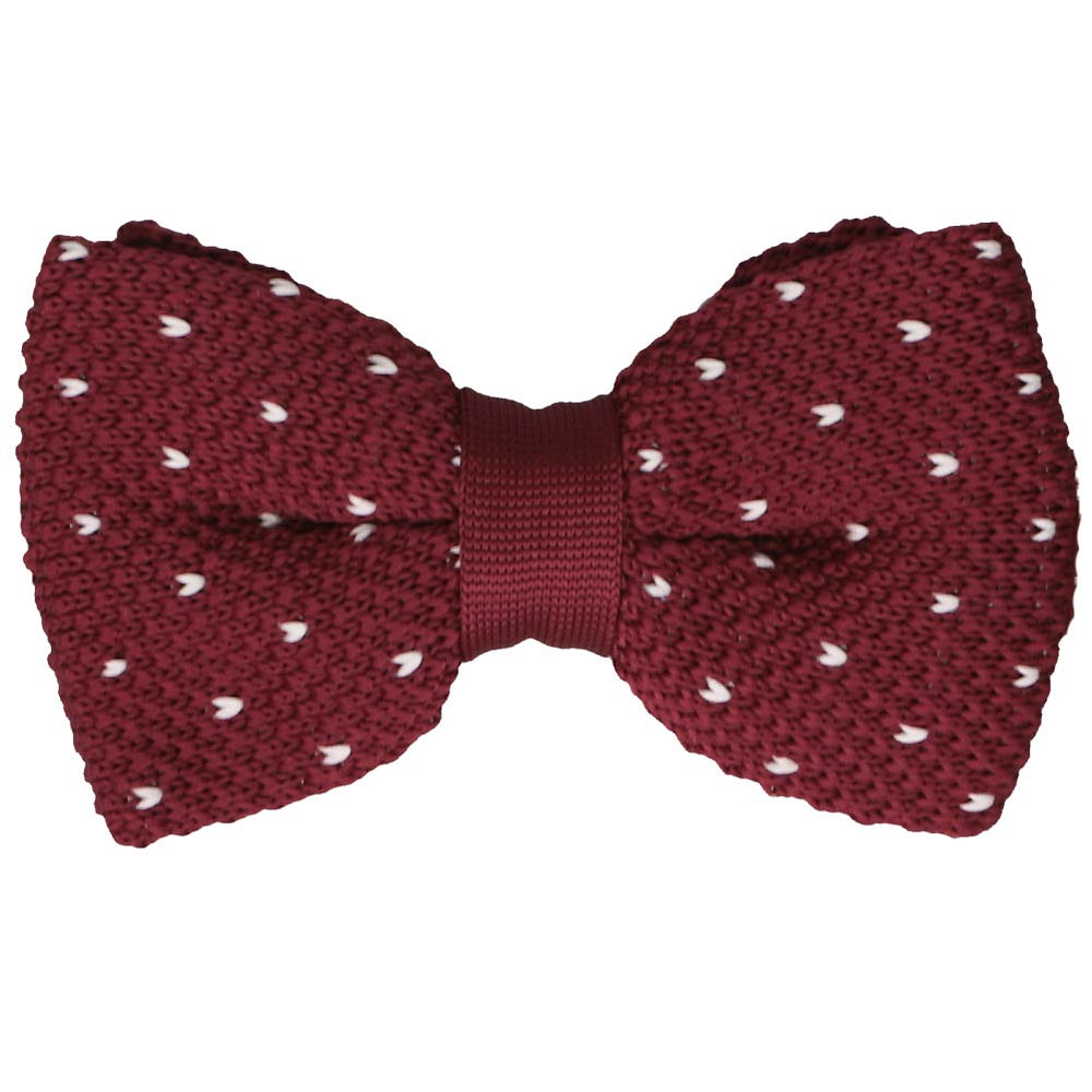 Burgundy knit bow tie with polka dot pattern