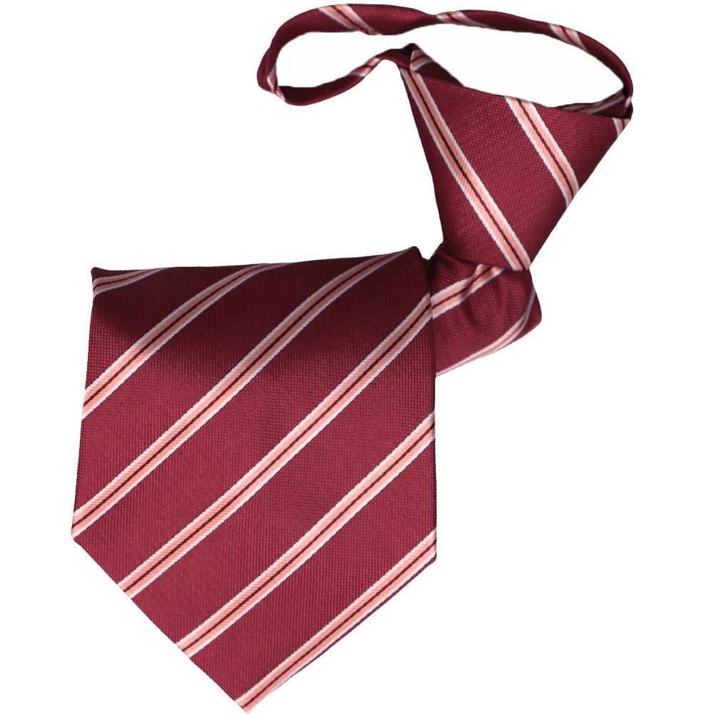 Burgundy and pink striped zipper tie, folded front view