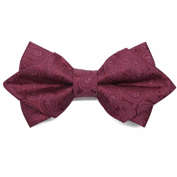 Burgundy paisley diamond tip bow tie, front view
