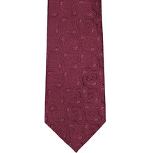 Load image into Gallery viewer, Flat front view of a burgundy paisley extra long necktie