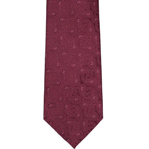 Flat front view of a burgundy paisley extra long necktie