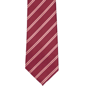 The front view of a burgundy pencil striped tie