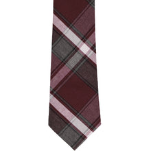 Load image into Gallery viewer, The front of a burgundy and gray plaid tie