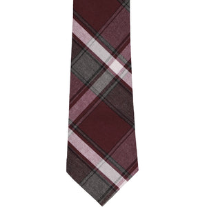 The front of a burgundy and gray plaid tie