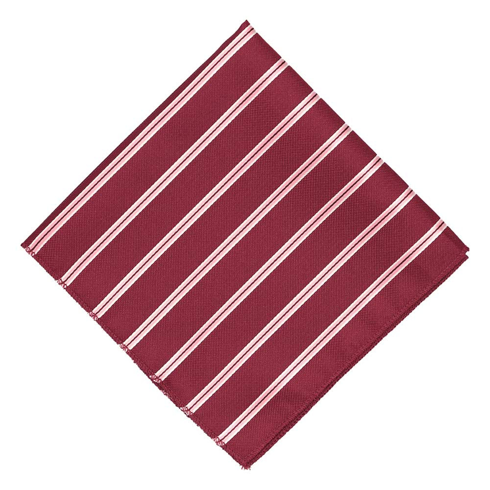 A burgundy striped pocket square, folded to a diamond