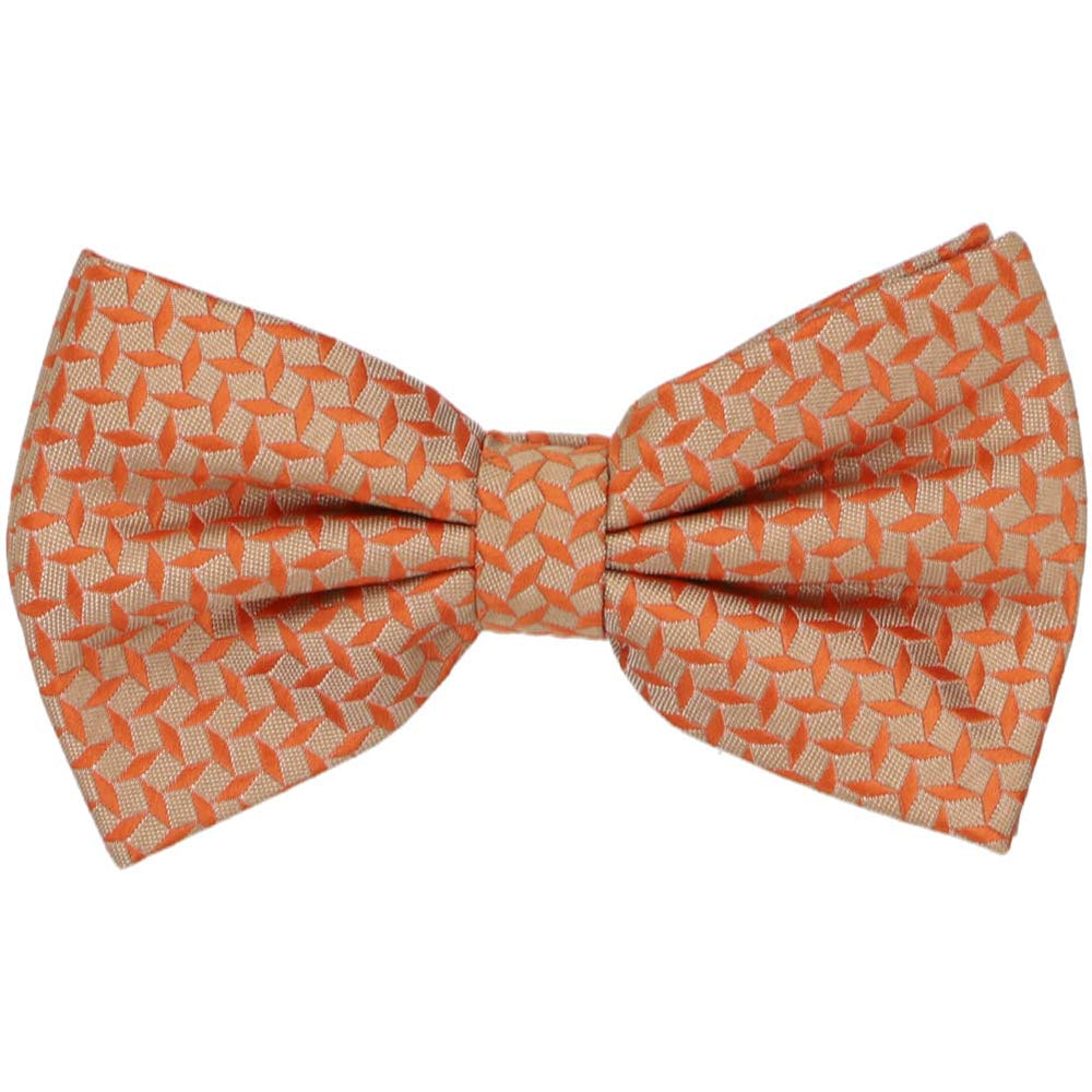 A burnt orange and tan geometric bow tie, pre-tied
