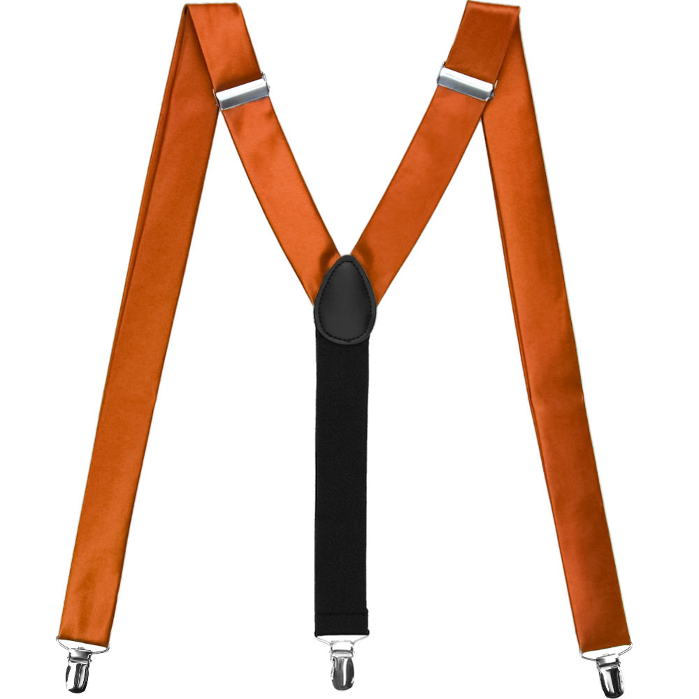 A pair of burnt orange suspenders displayed in an M shape to show off the clips and Y-design