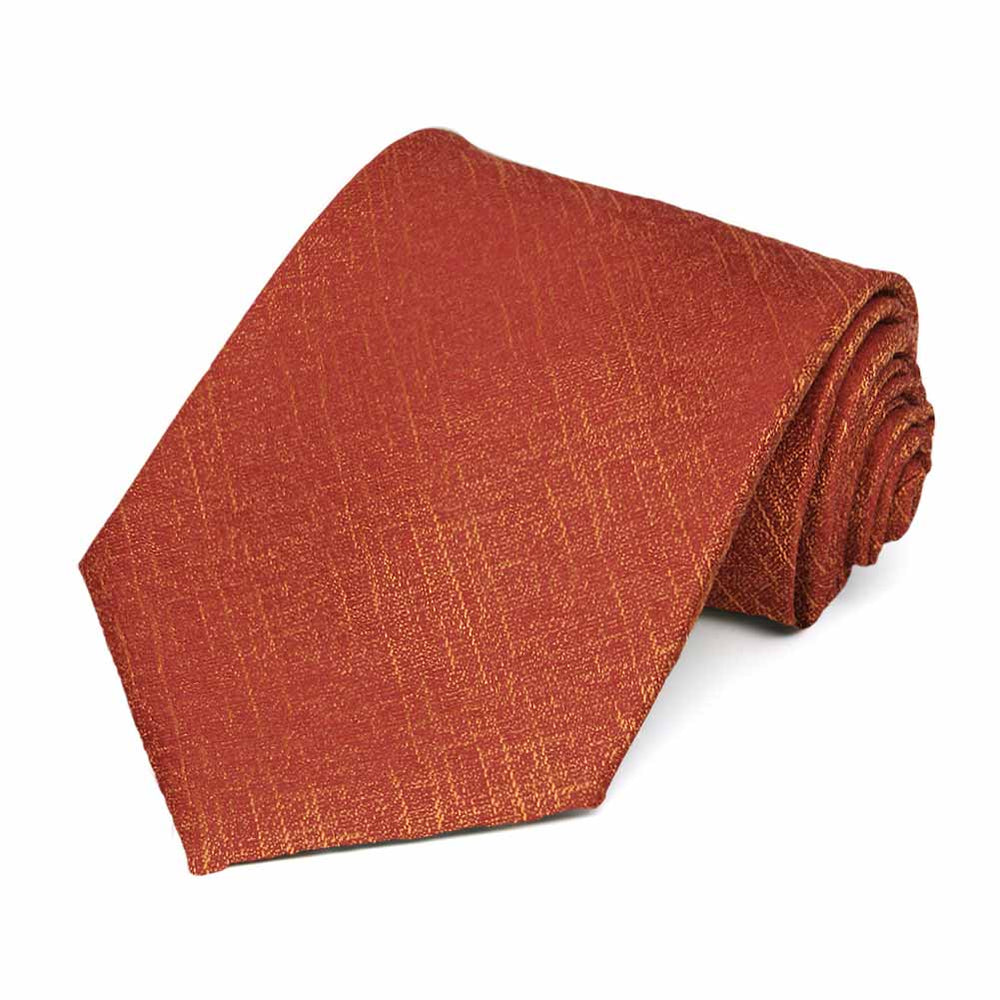 Burnt orange textured crosshatch necktie, rolled to show pattern
