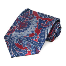 Load image into Gallery viewer, Rolled view of a crimson red and blue paisley extra long necktie