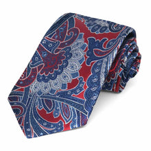 Load image into Gallery viewer, Crimson red and blue paisley tie, rolled to show exquisite details