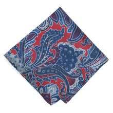Load image into Gallery viewer, A folded red white and blue paisley pocket square