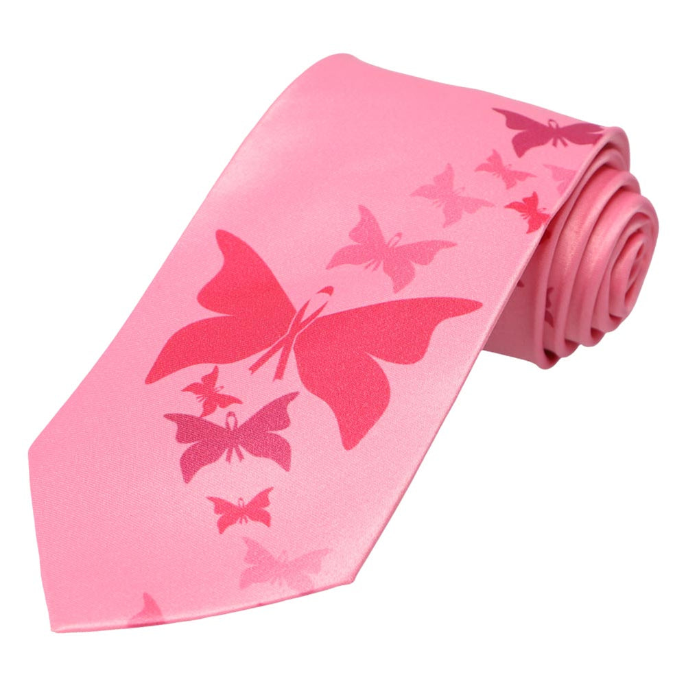 An array of butterfly's descending up a pink tie.