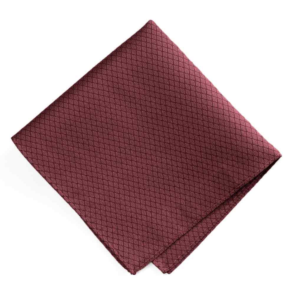 A folded dark red pocket square with a lattice texture