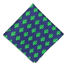 Load image into Gallery viewer, A dark blue pocket square, folded into a diamond, with a bright green repeated cactus pattern