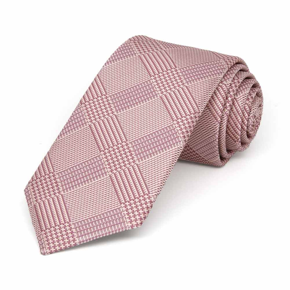 Rolled view, slim pink plaid necktie