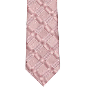 Flat front view of a pink plaid necktie