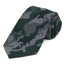 Load image into Gallery viewer, Green and gray camo tie, rolled to show woven texture