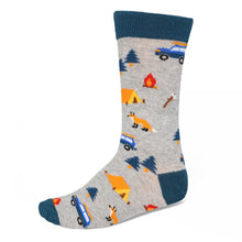 Load image into Gallery viewer, Men&#39;s camping theme socks on a gray background