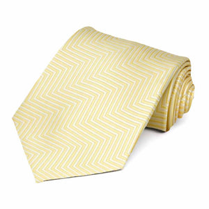 Light yellow and white chevron striped tie, rolled to show pattern up close
