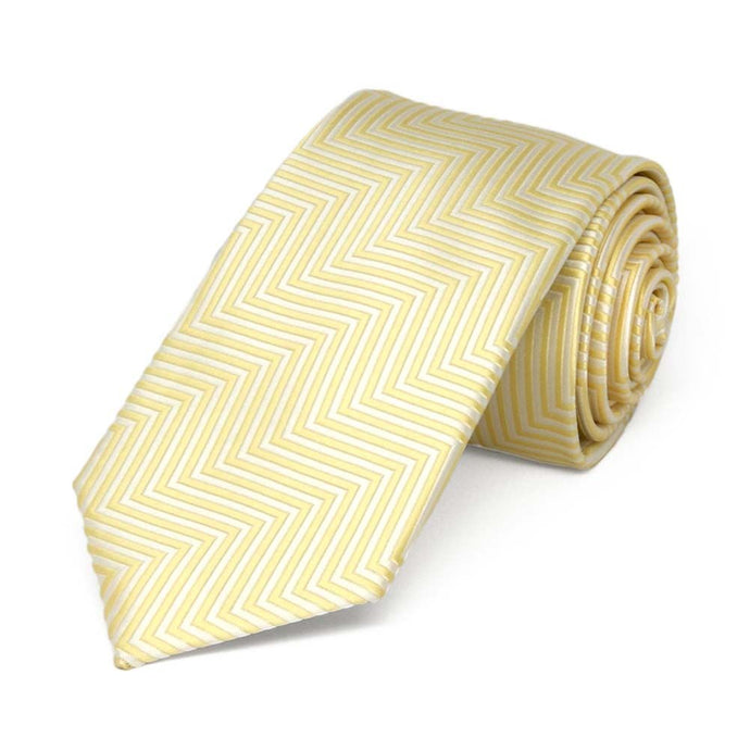 Rolled view of a light yellow and white chevron pattern slim necktie