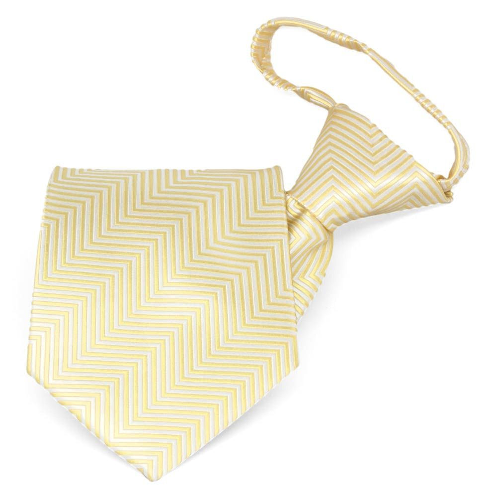 Light yellow and white chevron striped zipper tie, folded front view to show texture