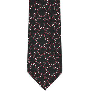 Front view of a black candy cane Christmas necktie