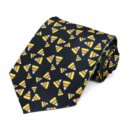 A cross hatch style candy corn pattern on a black tie.