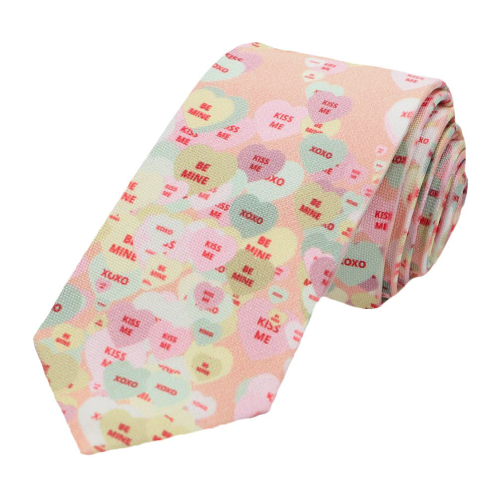A candy hearts slim novelty tie, rolled to show off the pattern