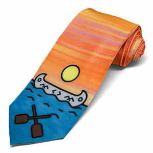 A colorful sunset tie with a canoe and paddles at the base