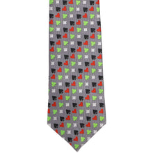 Load image into Gallery viewer, The front of a gray necktie with a pattern of card suits