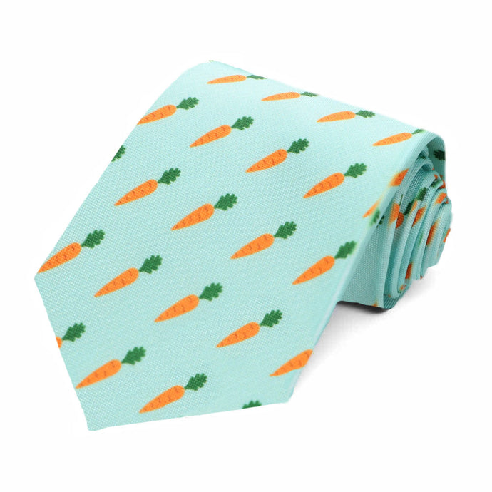 A rolled aqua colored necktie with an orange and green carrot pattern repeated across the tie.