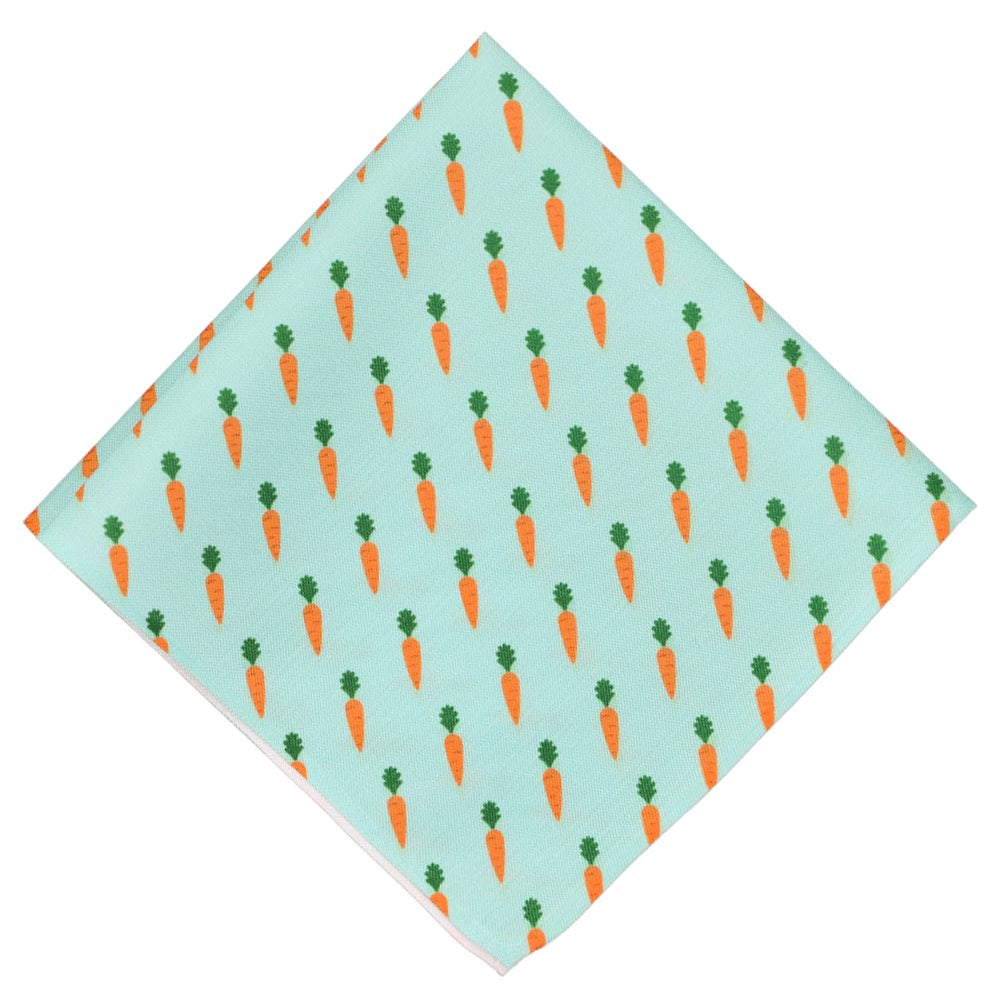 An aqua pocket square with a repeated carrot pattern