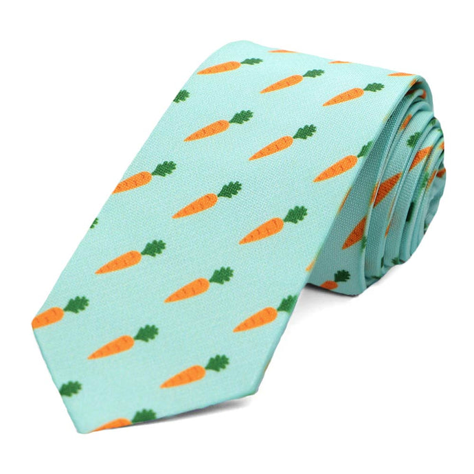 The front of an aqua carrot slim tie, rolled to show off the pattern