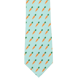 The front view of an aqua tie with a repeating carrot design
