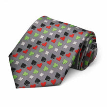 Load image into Gallery viewer, Green, white, black and red card suit casino pattern necktie on gray background