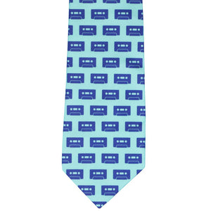 Blue cassette novelty tie, front view