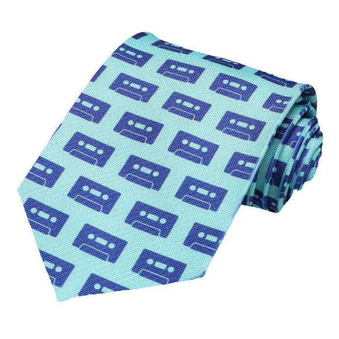 A tiled blue cassette tape on a light blue tie.