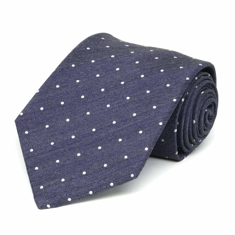 Dark blue denim extra long necktie with tiny white dots, rolled view