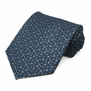 Rolled dark blue necktie with a speckled pattern