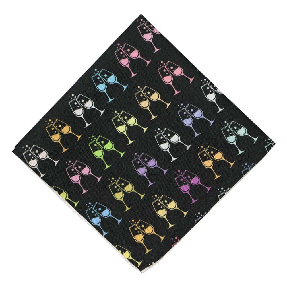 A black novelty pocket square with a multicolor champagne flute pattern