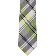 Load image into Gallery viewer, Front flat view of a chartreuse and gray plaid necktie