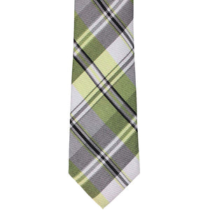 Front flat view of a chartreuse and gray plaid necktie