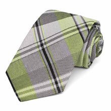 Load image into Gallery viewer, Rolled view of a light green and gray plaid woven texture tie