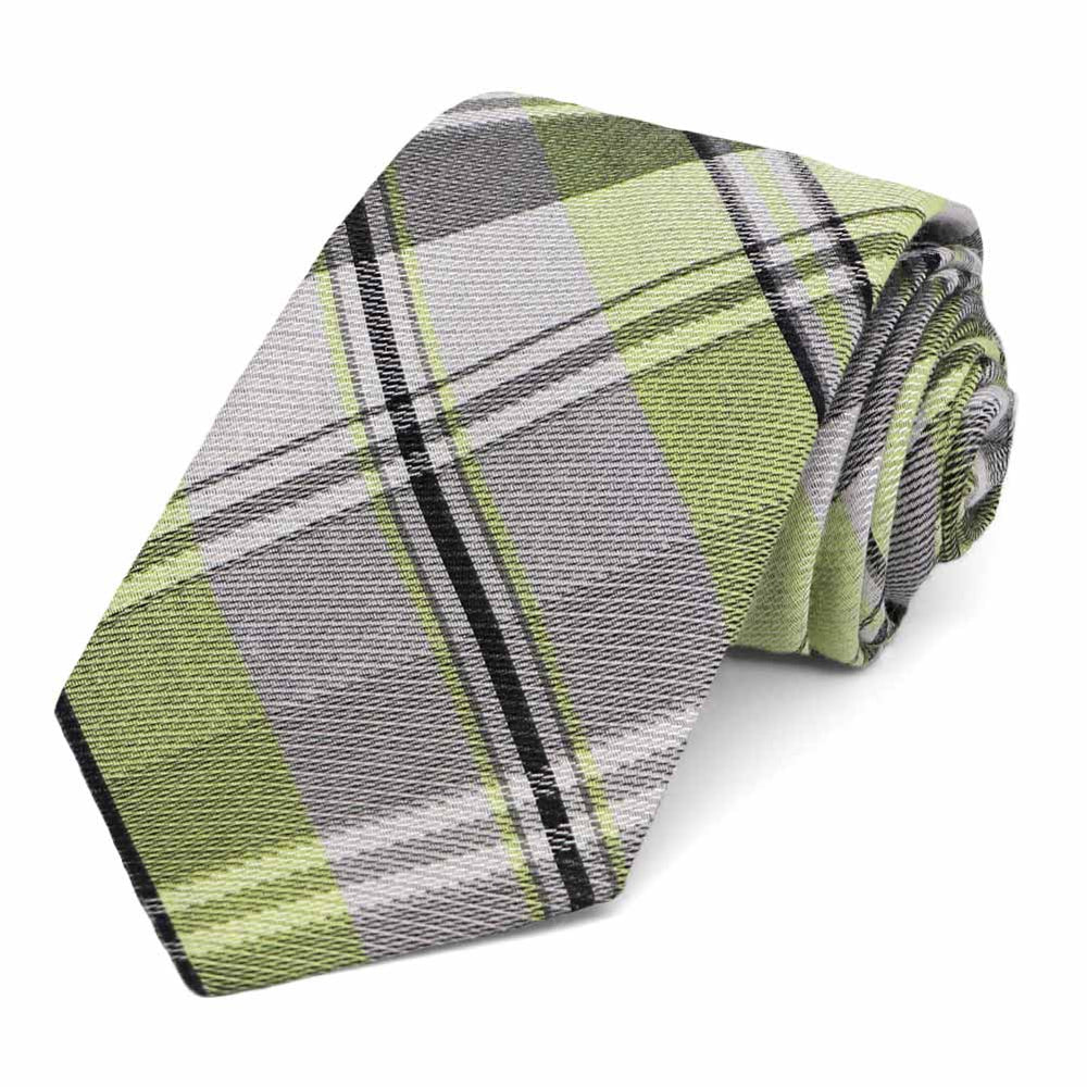 Rolled view of a light green and gray plaid woven texture tie