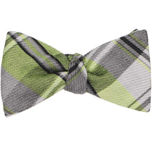 Load image into Gallery viewer, Green and gray plaid self-tie bow tie, tied