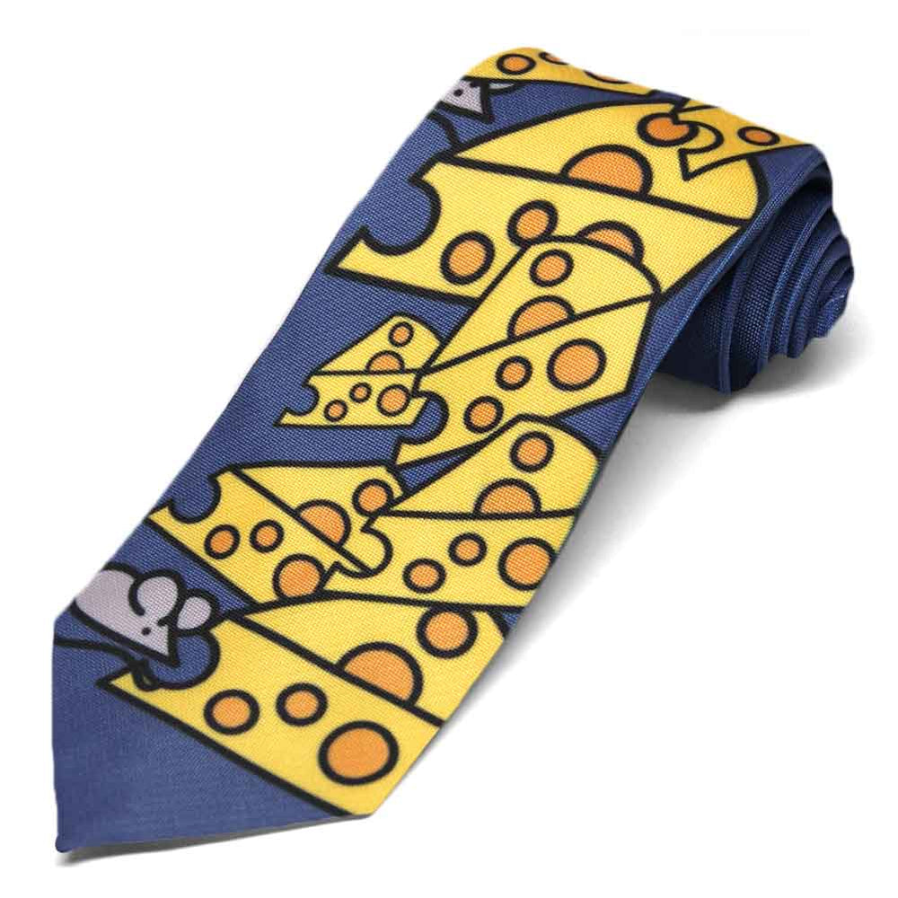 A blue tie with cheese and mice ascending up the length.