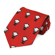 Load image into Gallery viewer, White chef hats tiled on a red tie.